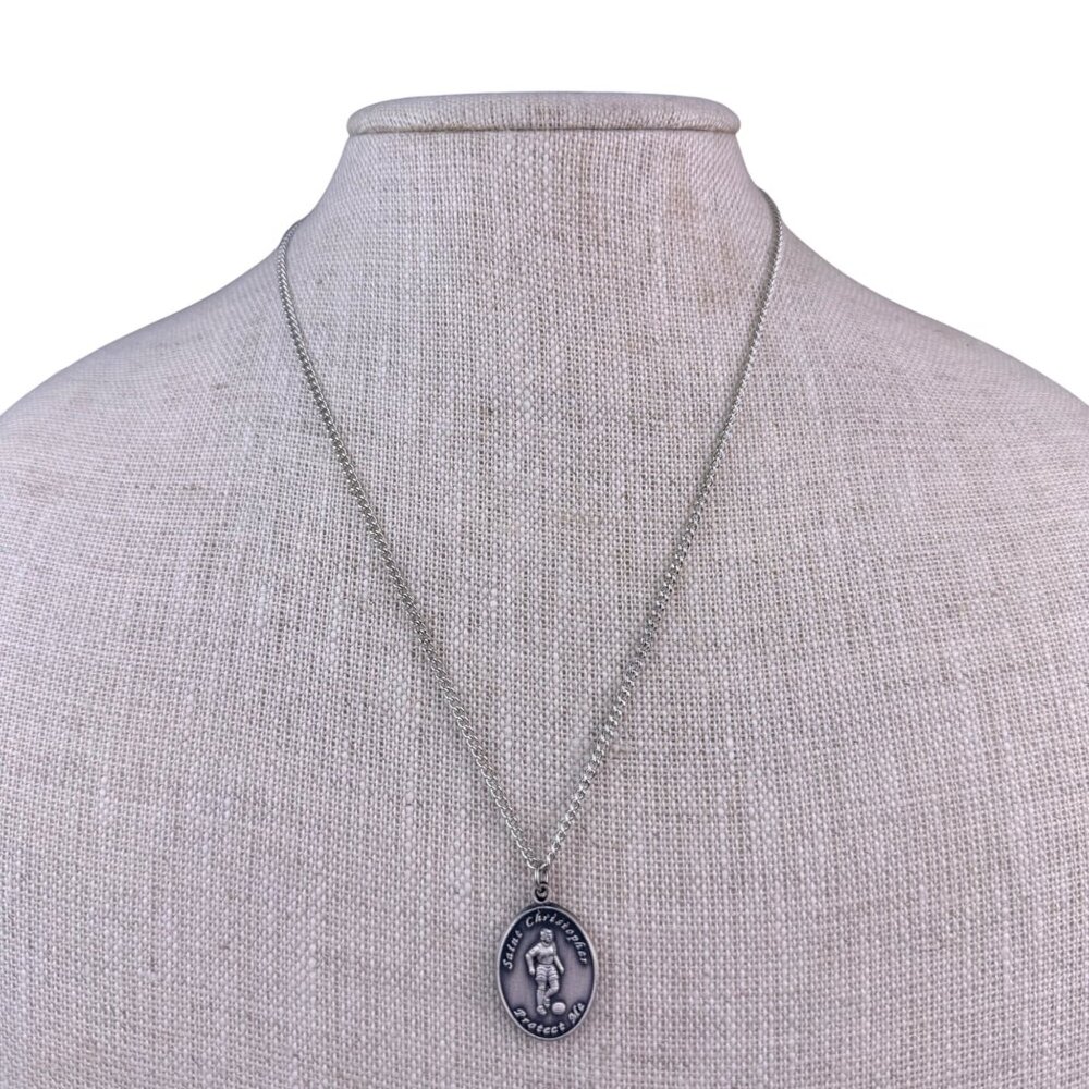 Vintage Malco Sterling Silver St. Christopher Soccer Player Medal Necklace Chain